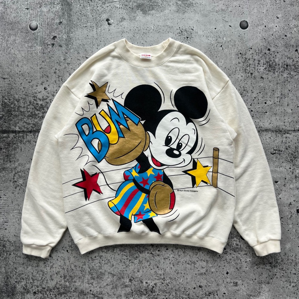 Vintage Disney Sweatshirt Womens Small Cream Mickey Donald Boxing AOP Crew 90s